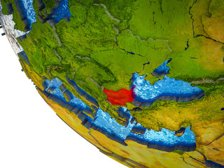 Bulgaria on model of Earth with country borders and blue oceans with waves.