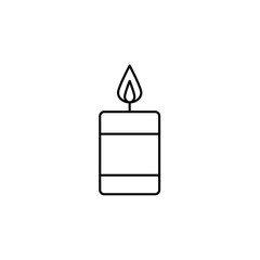 Black & white vector illustration of burning candle.  Line icon of interior design product. Decorative accessory. Aromatherapy element. Isolated on white background.