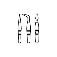 Black & white vector illustration of tweezers set. Line icon of different pincers. Tool for beauty salon, handicraft projects, decoupage, scrapbook. Isolated on white background
