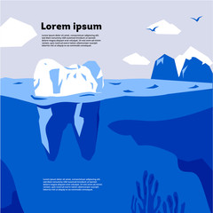 ector illustration - tooth made in iceberg form in deep ocean. Concept for dentist clinic. Cover for calendar, postcard, banner