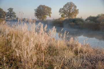 Bright and colorful autumn sunrise on the river