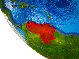 Venezuela on model of Earth with country borders and blue oceans with waves.