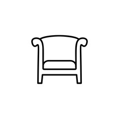 Black & white vector illustration of vintage wooden armchair with high back. Line icon of arm chair seat. Upholstery furniture for living room & bedroom. Isolated on white background
