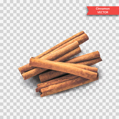 A pile of dry cinnamon bark or sticks on a transparent background. Object Decor for New Year or Christmas. Realistic Vector Illustration