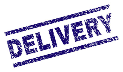 DELIVERY seal imprint with grunge style. Blue vector rubber print of DELIVERY text with grunge texture. Text title is placed between parallel lines.