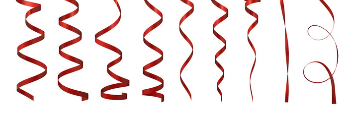 3d rendering of many red gift ribbons hanging curled at a white background.
