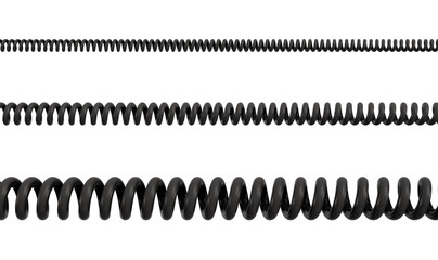 3d rendering of three differently sized spiral cables from black PVC on a white background. - obrazy, fototapety, plakaty