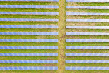 Solar energy power farm. Aerial view of solar panels.