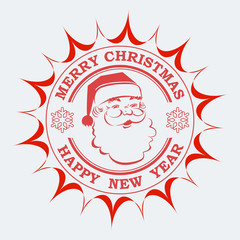 Christmas round, angular sign, print in red with the silhouette of Santa Claus and two snowflakes