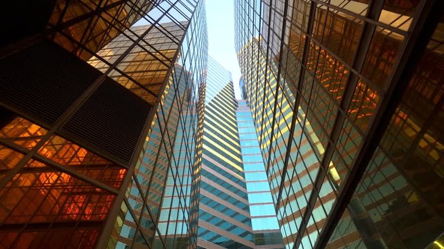 POV view of city skyline buildings. Financial economy growth concept