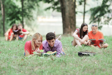 several pairs of students prepare for the exam in the city Park