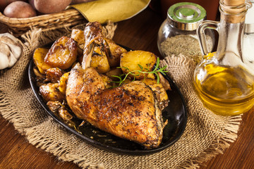 Roast chicken legs with baked potatoes