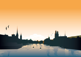 Zurich Silhouette Evening / Morning Colors - obrazy, fototapety, plakaty