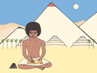 ancient egyptian scribe with pyramids landscape background