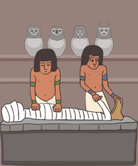 embalmers treating the mummy cartoon