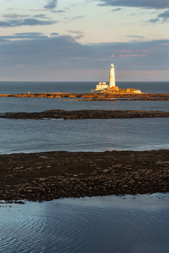 St. Mary's Lighthouse during Sunrise, Northumberland, England, Great Britain