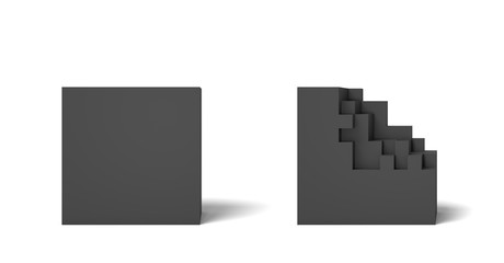 3d rendering of two isolated black squares one perfect and whole and another half broken.