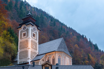 Fototapeta na wymiar Church at night, Hallstatt, Austria.