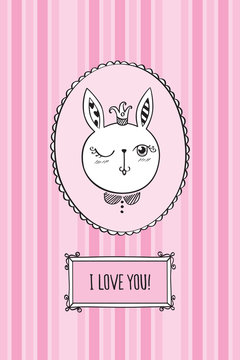 Greeting card for Valentine's Day, birthday, Mother's Day, wedding with little cute rabbit. I love you! Vector illustration.