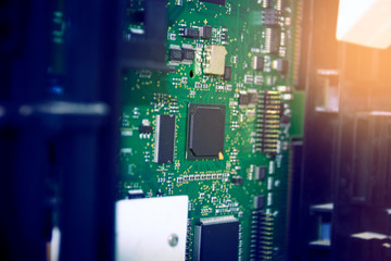 Electronic circuit board close up.