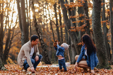 happy family with little cute child in park on yellow leaf with big pumpkin in autumn