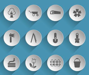 gardening web icons on light paper circles