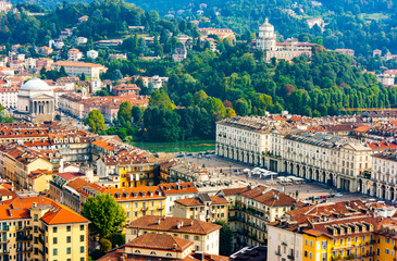 Fototapeta na wymiar Aerial view of Piazza Vittorio Veneto in Turin