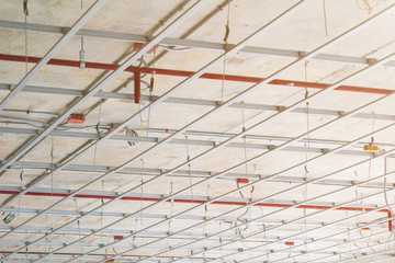 Working of metal frames structure  before installing gypsum boards interior Construction site