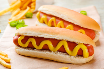 Hot dogs, pepper and fries