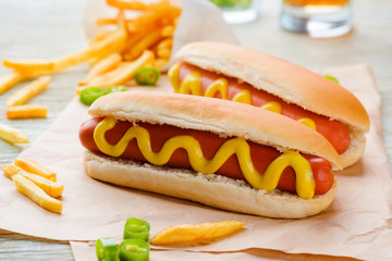 Traditional hot dogs with mustard