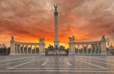Heroes Square Hosok Tere in Budapest city, Hungary. Spectacular sunset colors.