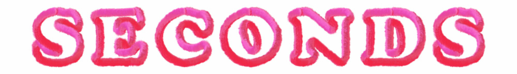 Seconds - clear pink text written on white background