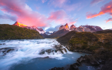 beautiful view of Salto Grande waterfall in Torres del Paine national park