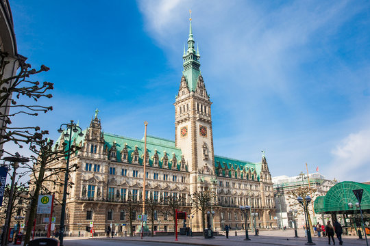 Hamburg City Hall building located in the Altstadt quarter in the city center at the Rathausmarkt square in a beautiful early spring day