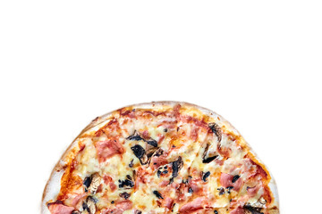 Half of Pizza with mushrooms, cheese and ham  isolated on white background with copy space. Top view