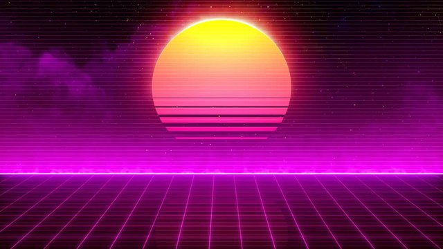 Retro-futuristic 80s synthwave sun grid background. Perfectly seamless looped opener animation.