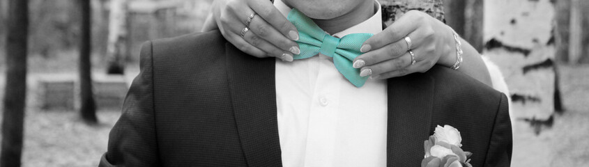 Man the groom in a wedding costume with butterfly. Women's hands holding accessory. Blue color. © sabdiz