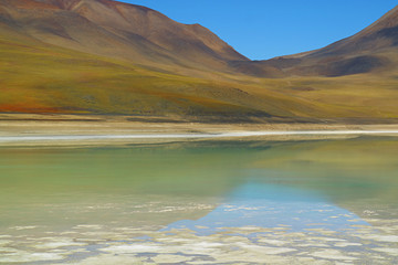 The Green Lake or Laguna Verde with the Reflection of Lincancabur Volcano, Andean Plateau, Potosi, Bolivia 