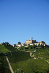 Fototapeta na wymiar View of the Langhe hills with the village of Castiglion Falletto and his castle, Piedmont - Italy