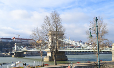 The Szechenyi Chain Bridge over the Danube in Budapest on December 29, 2017.