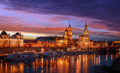 Fototapeta na wymiar Fantastic Evening panorama. Famouse skyline of Old Town in Dresden With colorful sky During sunset. Wonderful Autumn Cityscape. Creative image. Awesome picturesque scenery in Dresden