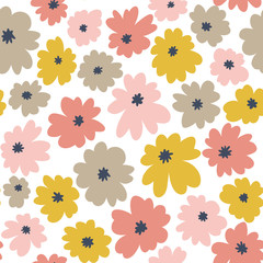 Seamless floral pattern in doodle style with pastel color flowers. Vector wallpaper.