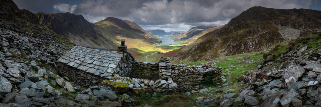Panorama of Warnscale Bothy above Buttermere Valley, Lake District, England, UK