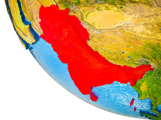 South Asia on model of Earth with country borders and blue oceans with waves.