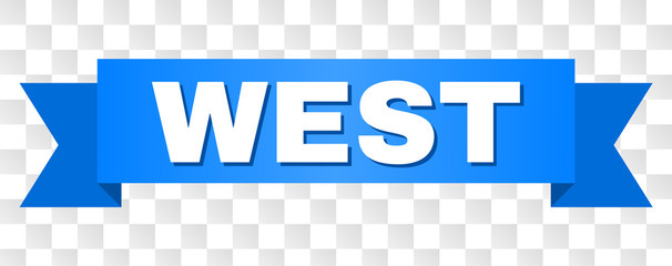 WEST text on a ribbon. Designed with white caption and blue tape. Vector banner with WEST tag on a transparent background.
