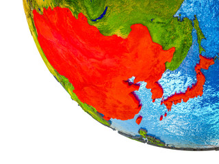 East Asia on model of Earth with country borders and blue oceans with waves.