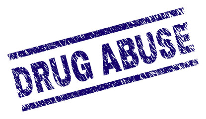 DRUG ABUSE seal print with distress style. Blue vector rubber print of DRUG ABUSE text with unclean texture. Text title is placed between parallel lines.