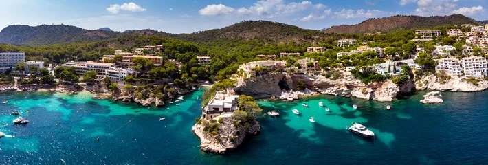 Poster Aerial view, Spain, Balearic Islands, Mallorca, Peguera region, Cala Fornells, coast and natural harbor © David Brown