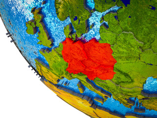 Central Europe on model of Earth with country borders and blue oceans with waves.