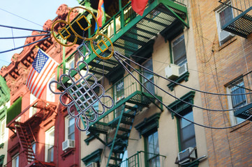 Hanging street decorations in Chinatown district of New York City, USA